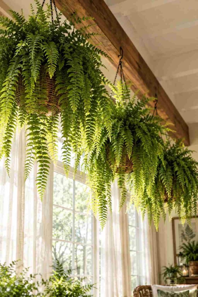 Lush Fern Sunroom Ideas to Turn Any Room Into a Living Retreat (Ideas, Plants & Care Tips) 4 Row of hanging Boston ferns along a sunroom beam