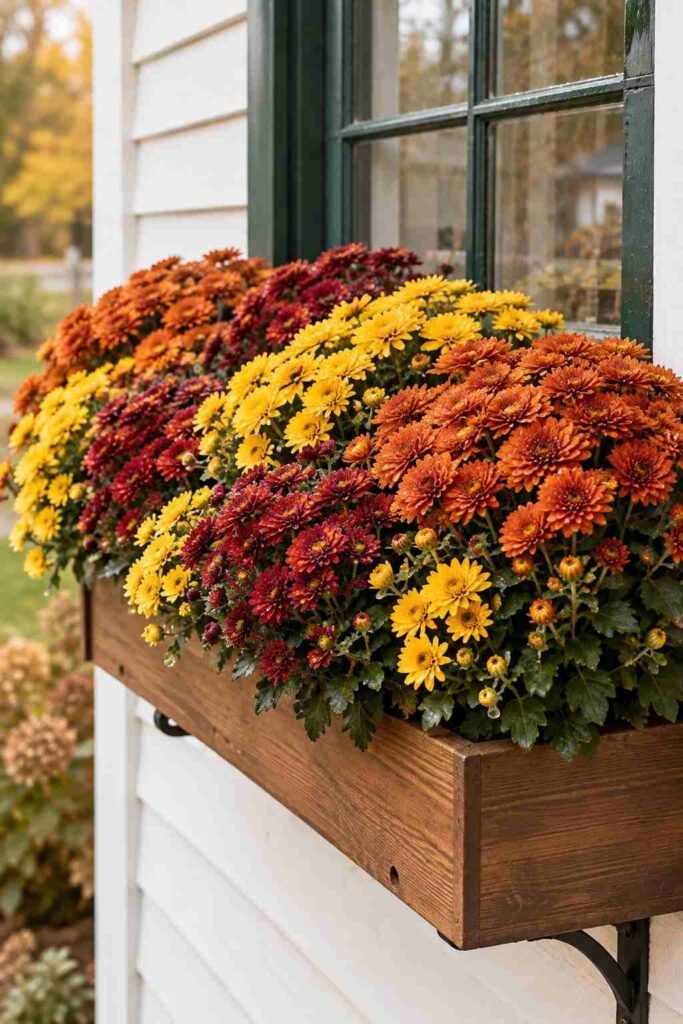 25 stylish Autumn Window Boxes: pansies, violas, heuchera to Make Your Home Glow 4 Tightly packed hardy mums in rust, yellow and burgundy in a fall window box