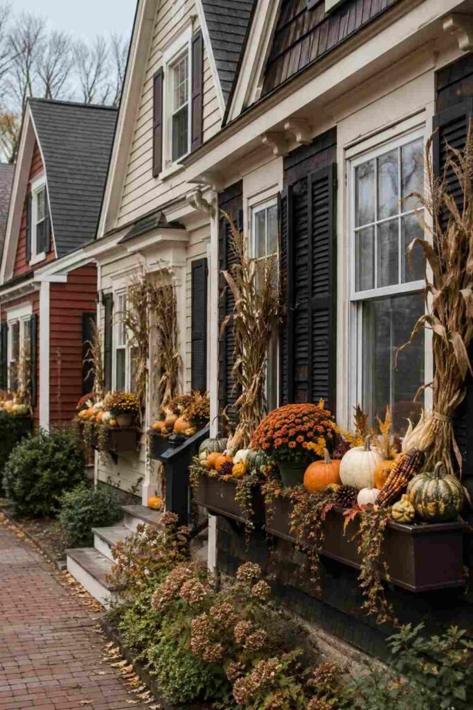 Fall Window Box Ideas to Turn Your Porch Into an Autumn Showstopper 2 Row of homes with harvest-themed fall window boxes and pumpkins.