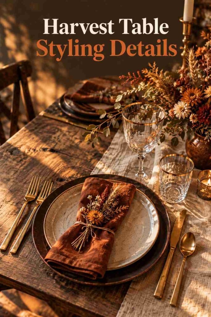 Overhead view of a Thanksgiving place setting with stoneware plate, linen napkin, and a small dried floral sprig.