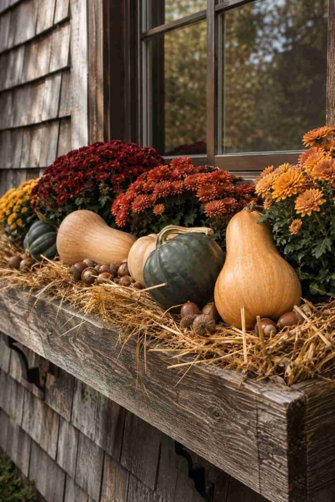 Fall Window Box Ideas to Turn Your Porch Into an Autumn Showstopper 7 Squash nestled in straw inside a rustic fall window box.