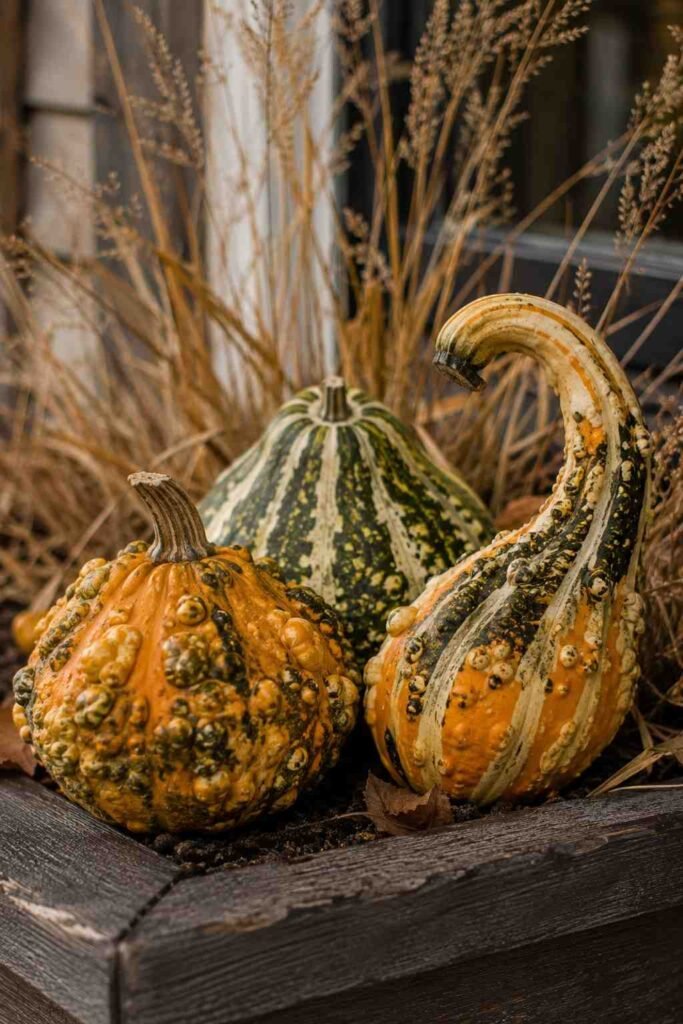 Fall Window Box Ideas to Turn Your Porch Into an Autumn Showstopper 4 Textured heirloom gourds displayed on a fall window planter.