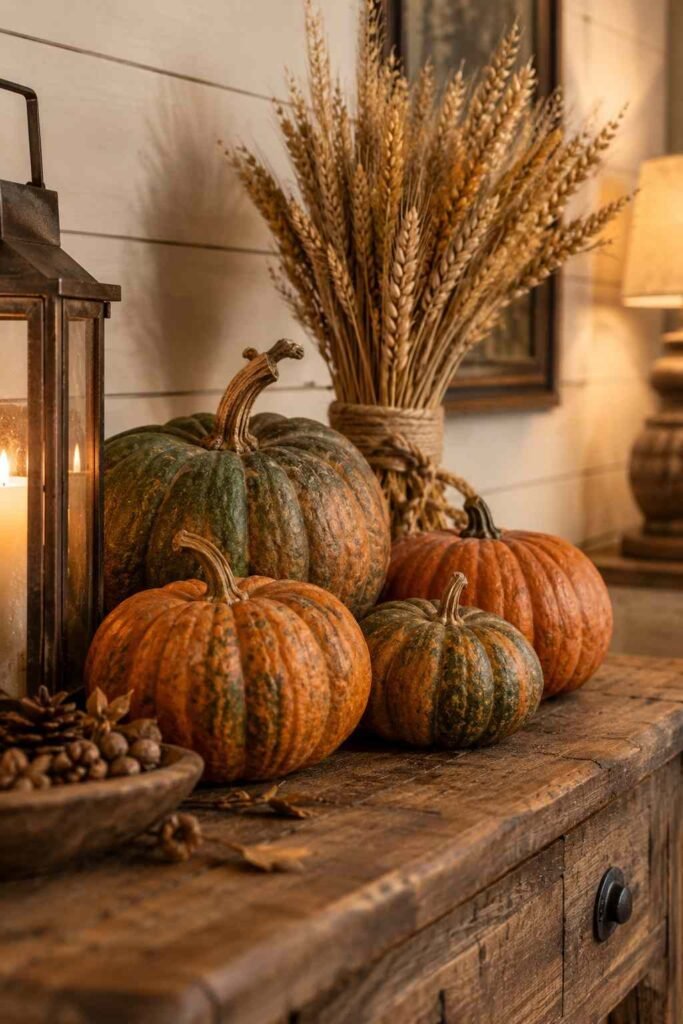 Halloween Decor for Entry Table Ideas to Welcome Guests Spooky, Elegant & Budget-Friendly 10 Heirloom pumpkins and a dried wheat bundle on a farmhouse entry table