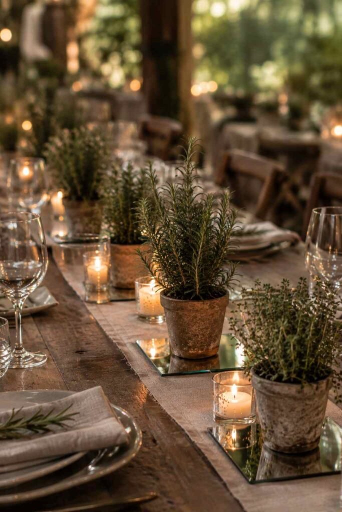 Potted herbs on mirror tiles as wedding table decor and favors.