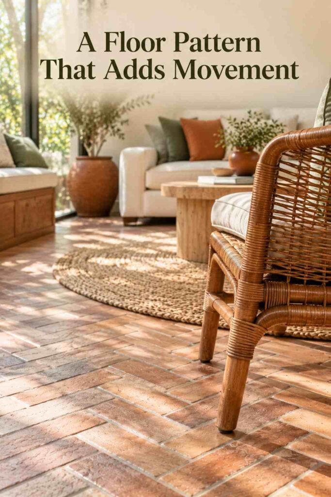 Close-up of herringbone-pattern brick flooring in a sunroom next to a rattan chair leg.