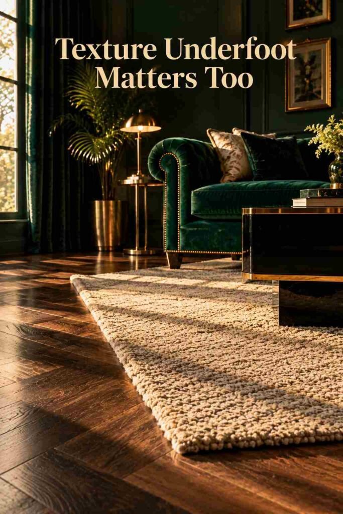 Herringbone dark wood flooring layered with a cream wool rug in a moody glam living room.