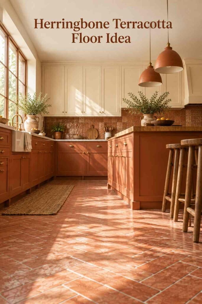 Herringbone-laid terracotta quarry tile floor in a warm kitchen with cream cabinetry in the background.