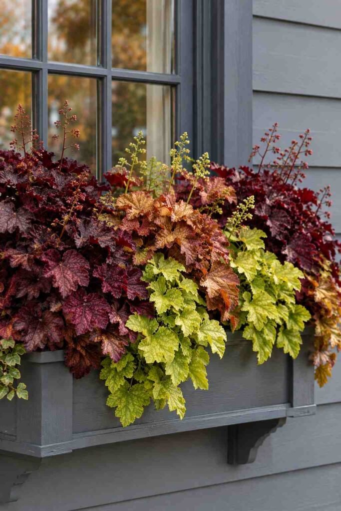 25 stylish Autumn Window Boxes: pansies, violas, heuchera to Make Your Home Glow 10 Burgundy, caramel and lime heuchera leaves in a shaded window box