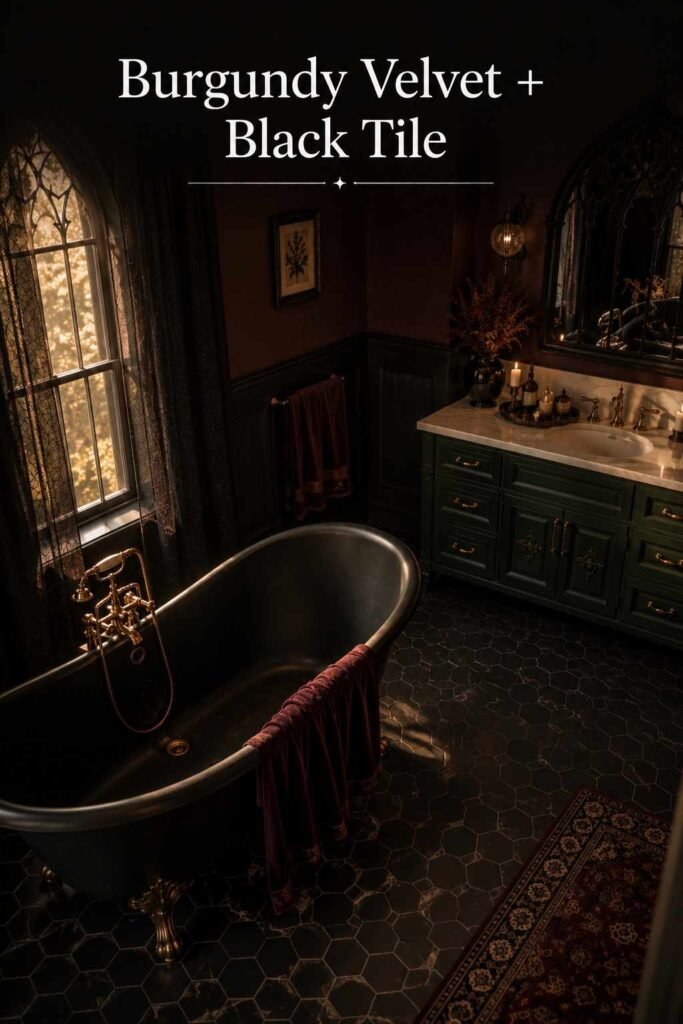 Overhead view of a black clawfoot tub on dark hexagon tile flooring with a folded burgundy velvet towel.