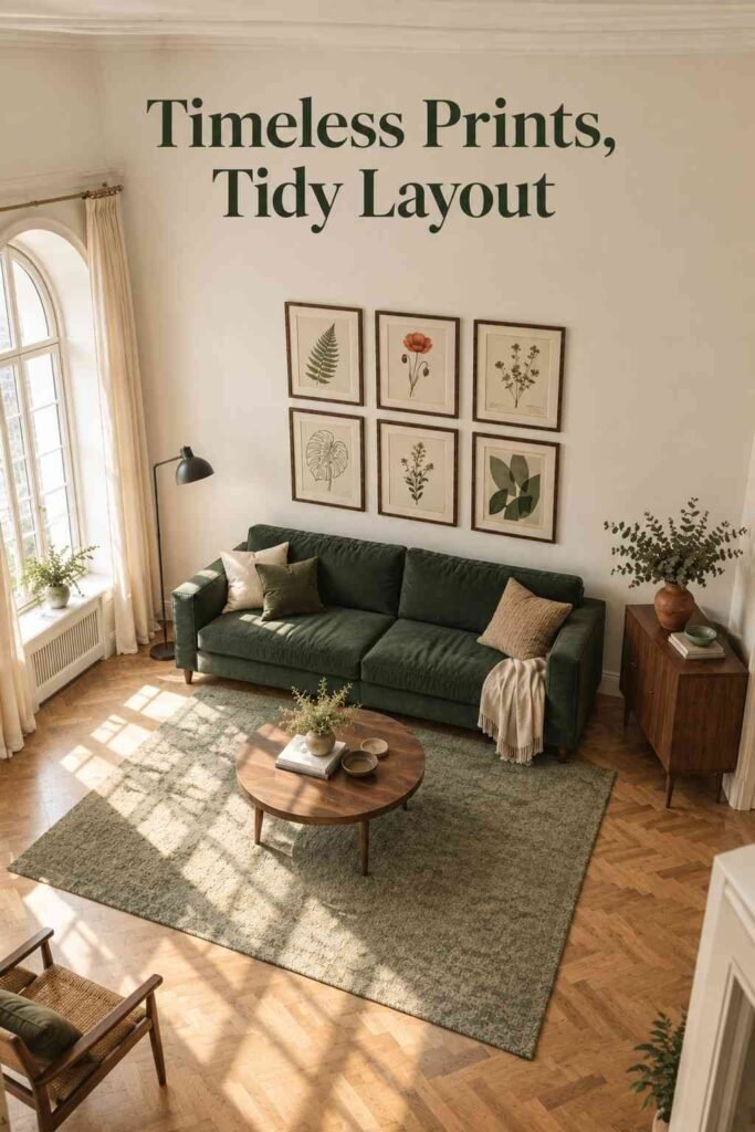 High-angle view of a living room showing a green sofa, round coffee table, wool rug, and framed prints on the wall.