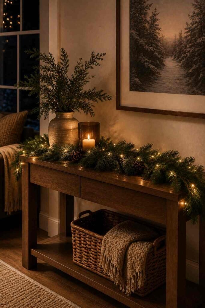 Holiday garland and string lights on cozy console table