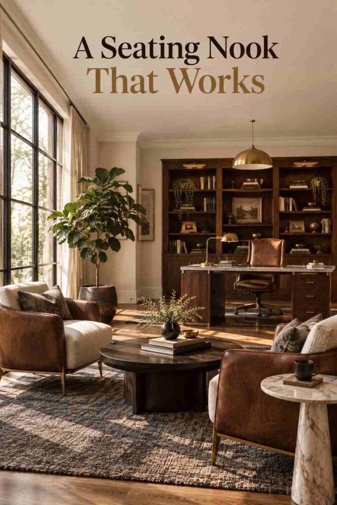 Luxury Home Office Ideas to Elevate Your Workspace in 2026 5 Small coffee table and two leather accent chairs forming a casual seating nook in a home office.