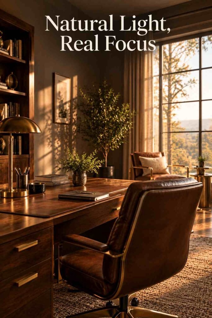 Luxury Home Office Aesthetic Ideas to Build a Refined Workspace at Home 9 View from behind a leather desk chair toward a sunlit window in a walnut and brass home office.