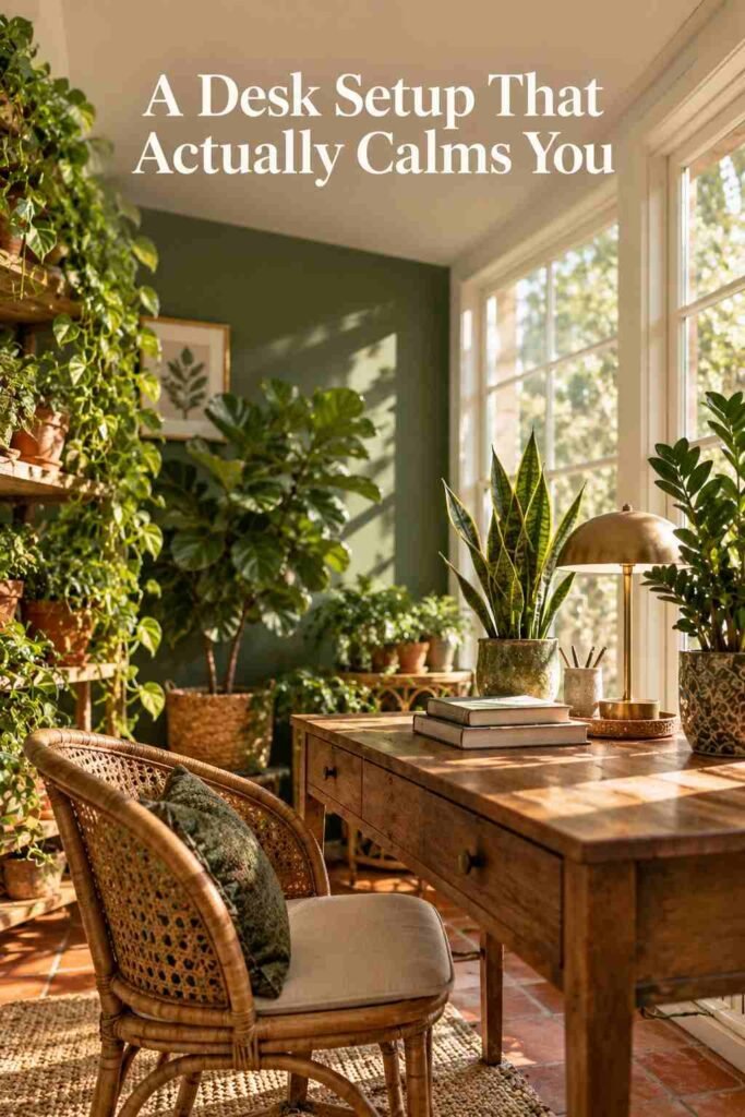 Small desk with a snake plant and ZZ plant positioned near a sunlit glass wall.