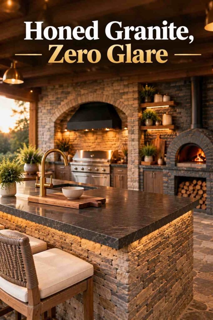 Honed charcoal granite outdoor counter with a brass faucet, a cedar cutting board, and a small cream bowl beside the grill alcove.