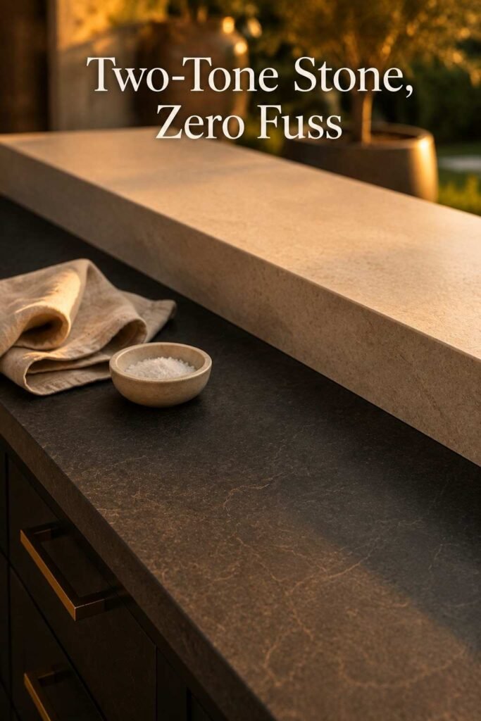 Luxury Outdoor Kitchen Ideas That Turn Your Backyard Into a Private Retreat 7 Close-up of a honed charcoal stone countertop meeting a cream ledge, with a folded linen towel and a small ceramic salt cellar.