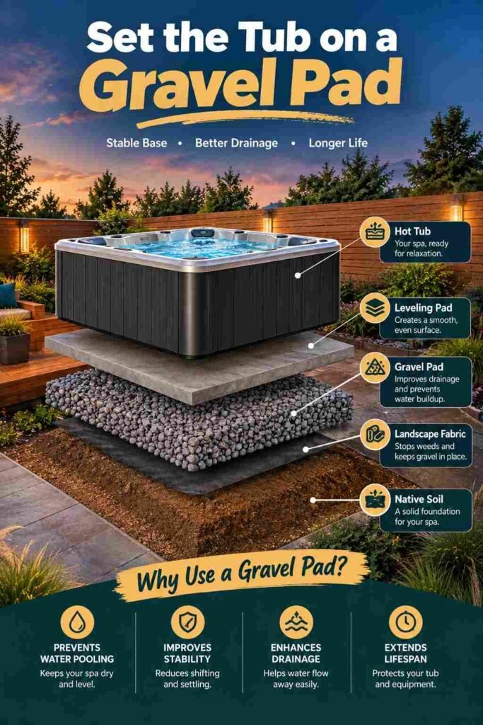 Exploded view showing a hot tub installed on a gravel pad with geotextile fabric and compacted soil.