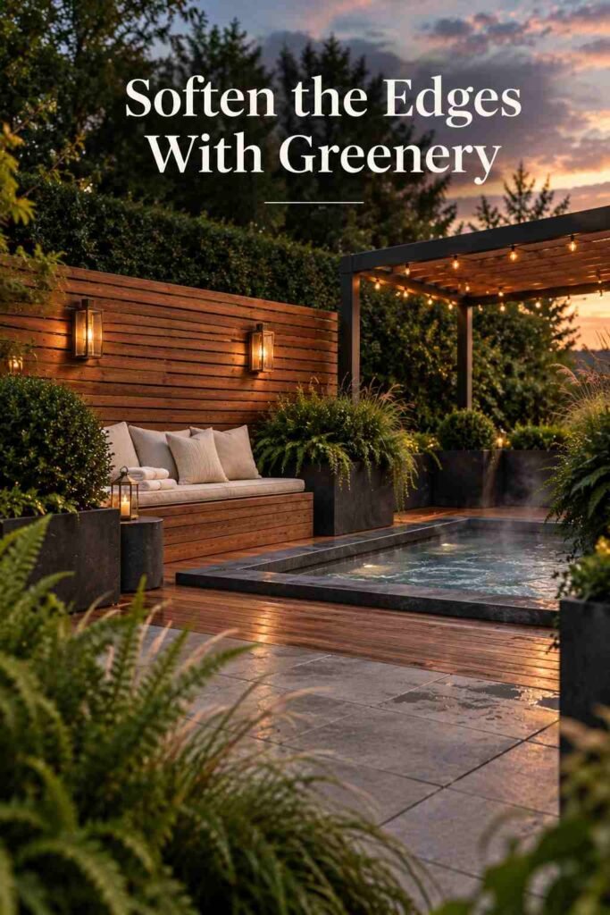 Boxwood, ferns, and ornamental grasses in charcoal planters framing a backyard spa and cedar screen.