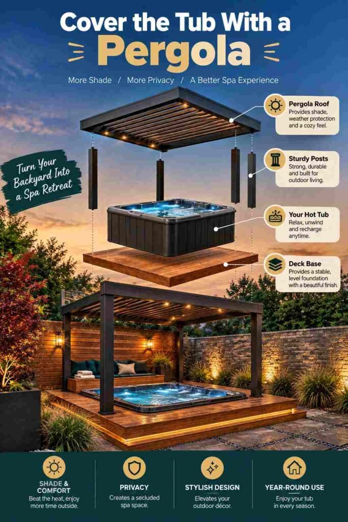 Exploded view of a pergola-covered hot tub showing the pergola roof, support posts, spa, and deck base.