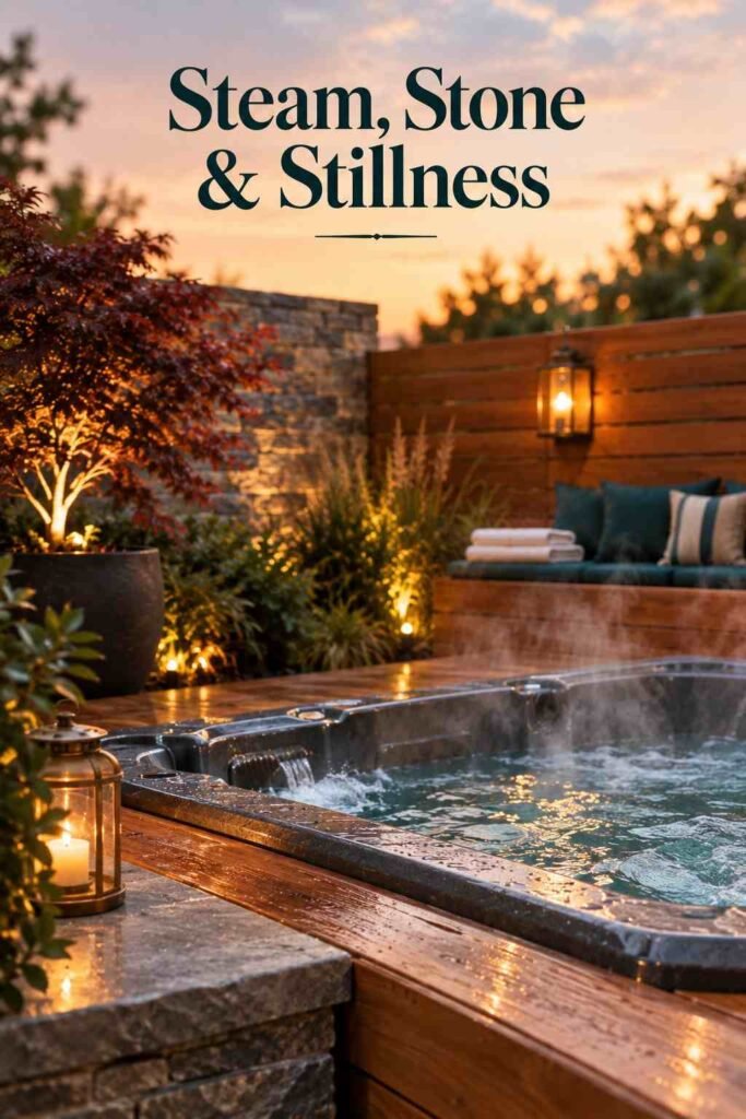 Close view of steam rising from jacuzzi water beside a cedar deck rim and a stone ledge, with a glowing brass lantern behind.