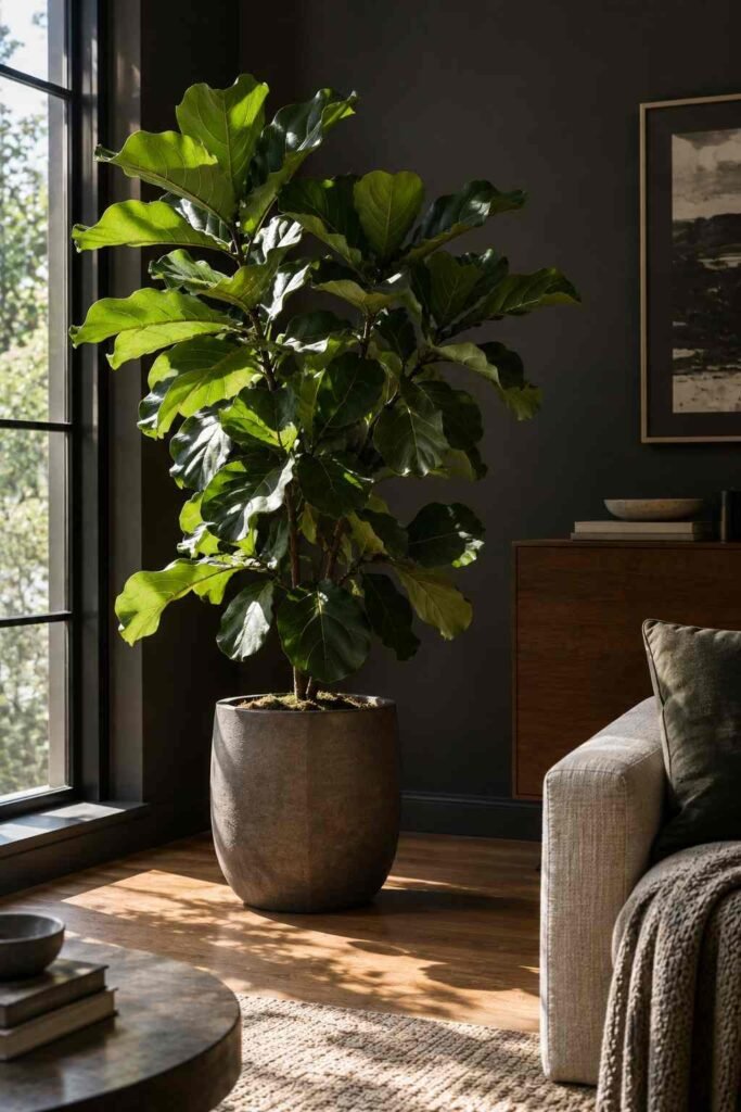 25 Dark Living Room Ideas to Brighten Your Home Without a Renovation 17 Large houseplant beside a sunlit window in a dark living room