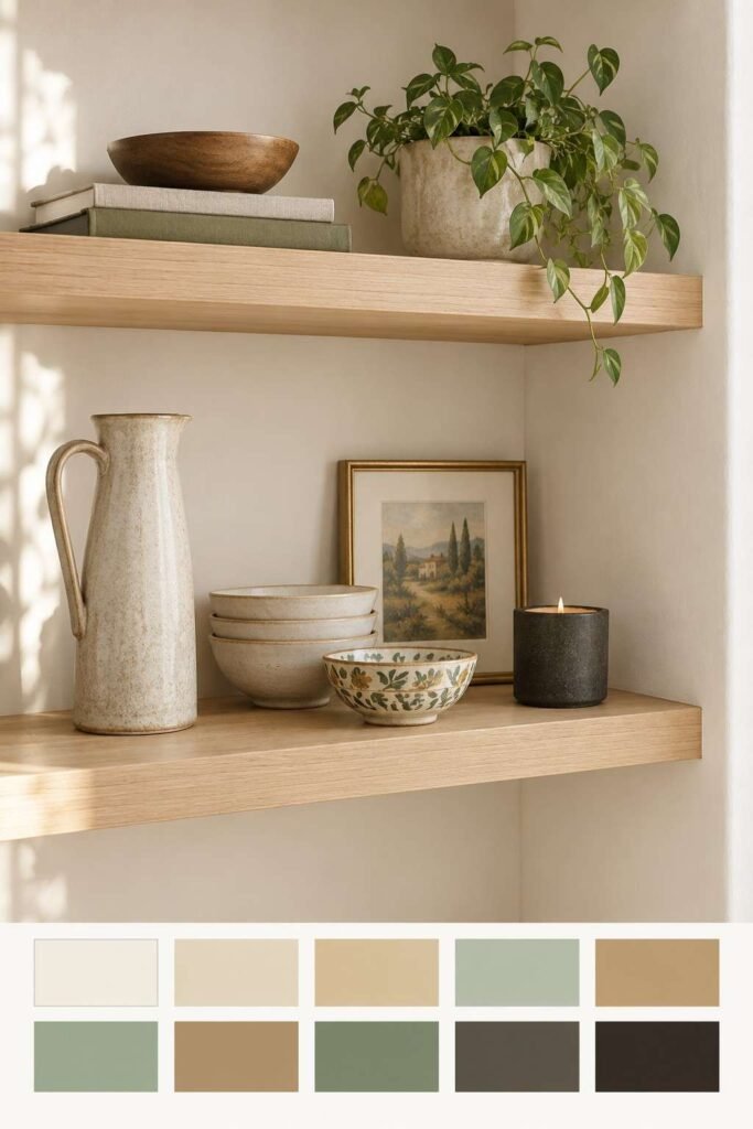 26 Kitchen Open Shelving Ideas for Corners: Styles, Sizes and Layouts 20 Styled kitchen corner shelves with sage, wood and charcoal accents and a matching color palette strip