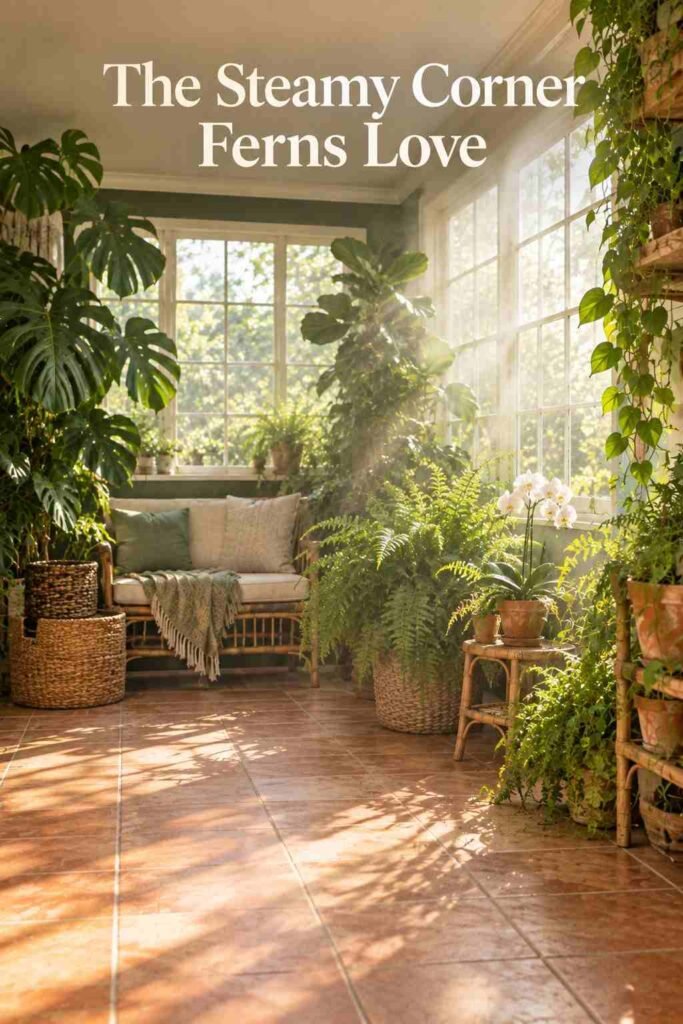 Ferns and a small orchid on a low stool in a softly humid, naturally lit corner