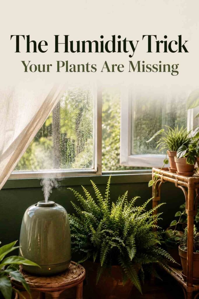 Small humidifier releasing mist beside ferns near a slightly open window with a lifting curtain