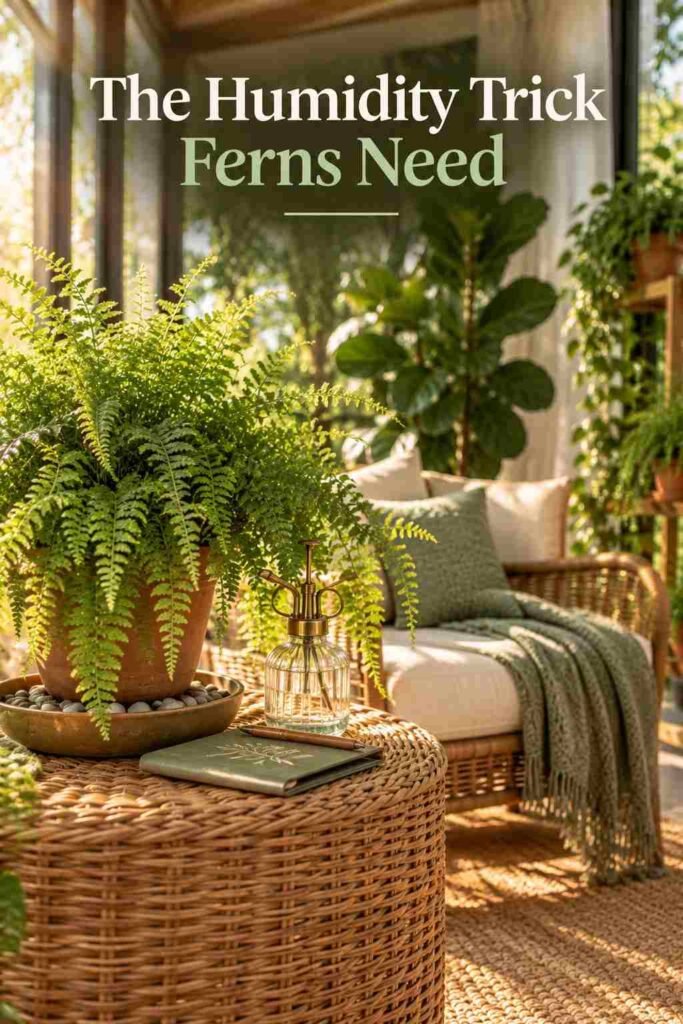 A fern on a humidity pebble tray beside a spray bottle and plant-care notebook on a side table.