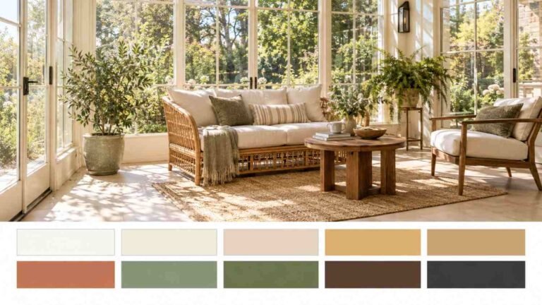 Sunlit indoor sunroom with rattan furniture and warm rattan-and-linen color palette swatch strip