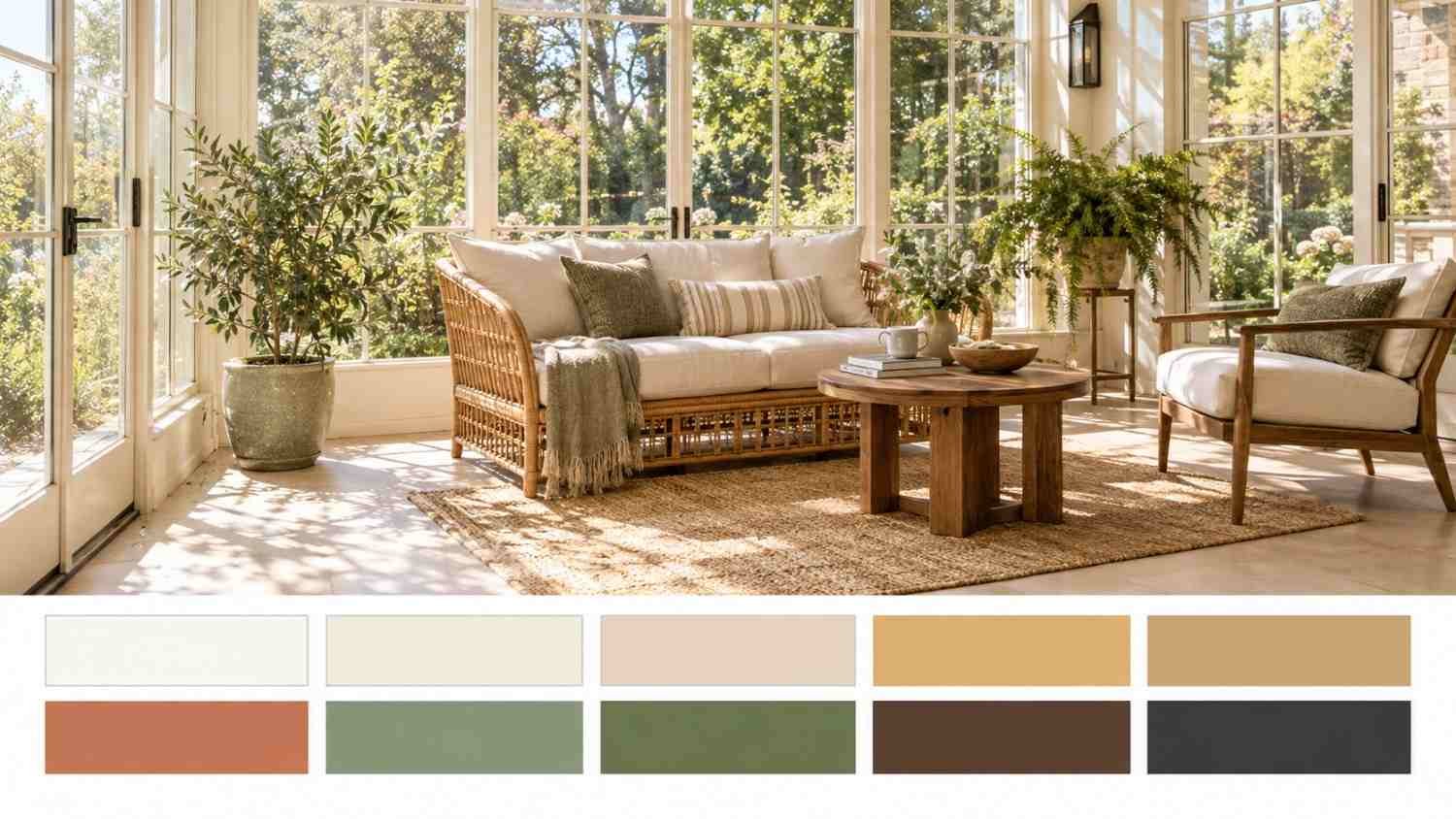 Sunlit indoor sunroom with rattan furniture and warm rattan-and-linen color palette swatch strip
