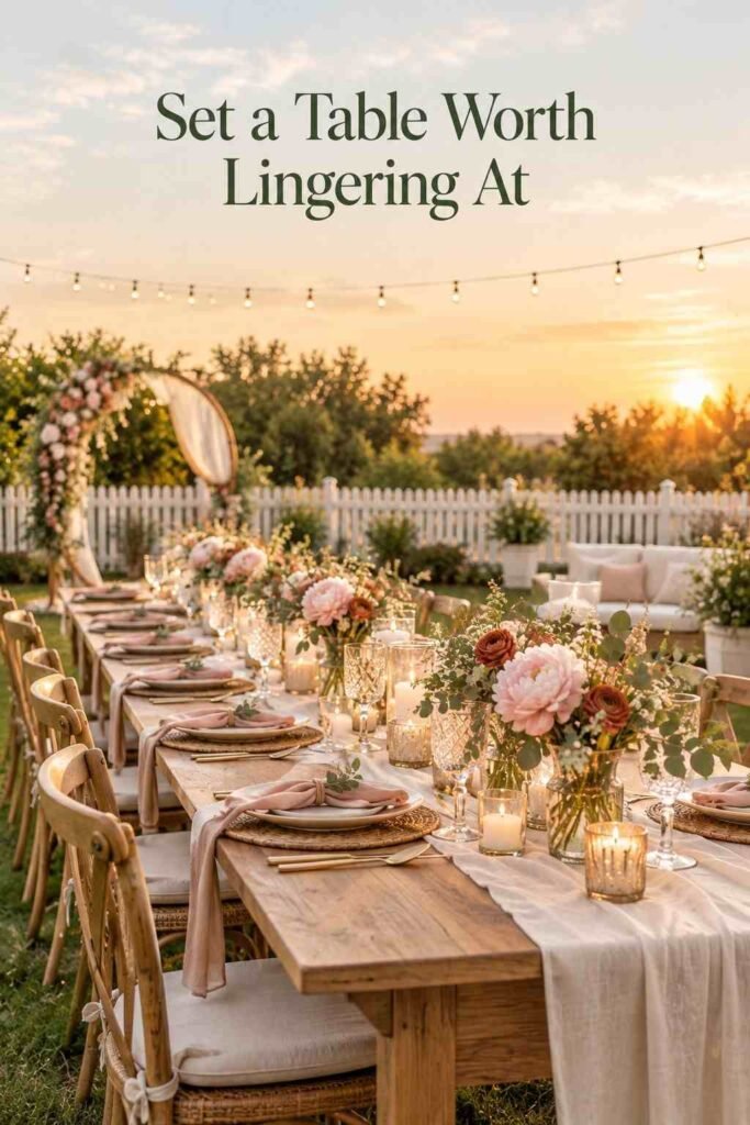 Middle of a long oak farm table set with ivory linen, gold flatware, and small bud vases, with a lawn and fence blurred behind.