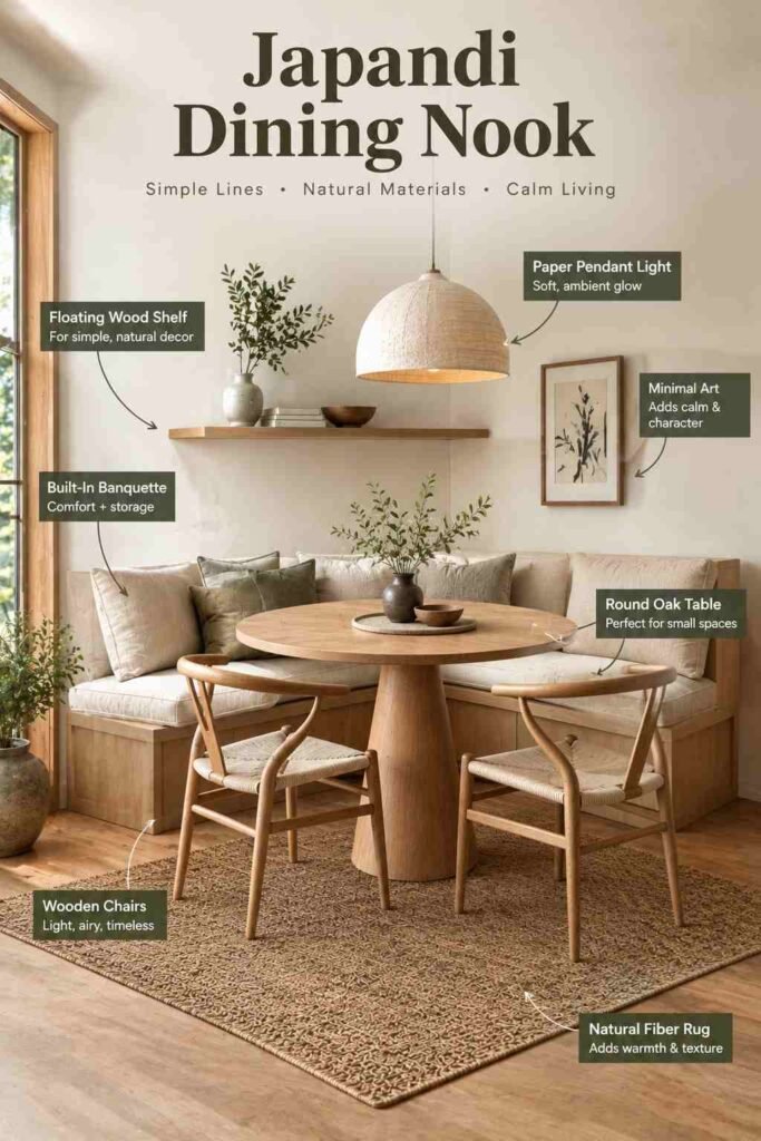 Japandi dining nook with a built-in linen banquette, round oak table, woven chairs, paper pendant light, natural fiber rug, and minimalist decor.