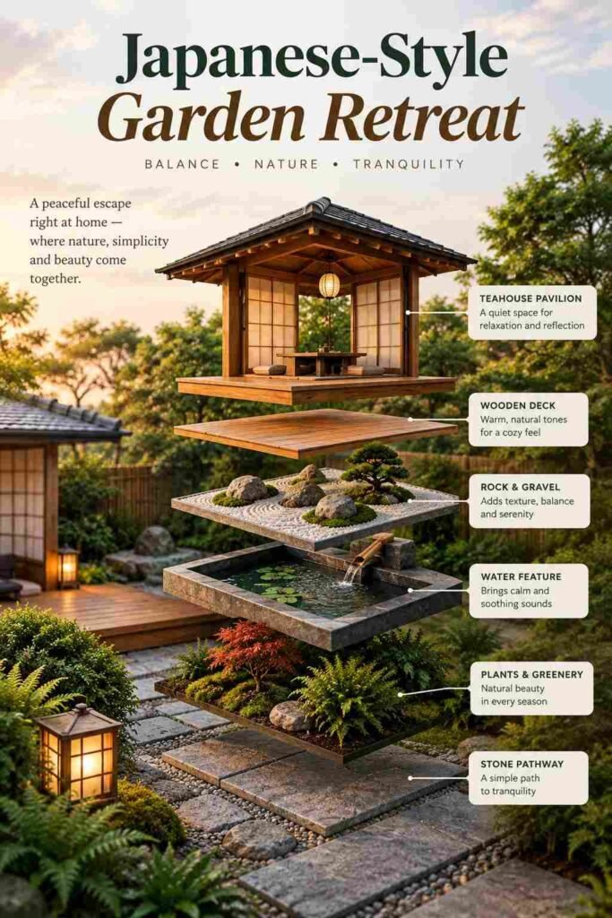 Japanese-style garden retreat with an exploded view of a wooden pavilion, deck, rock garden, water feature, greenery, and stone pathway.