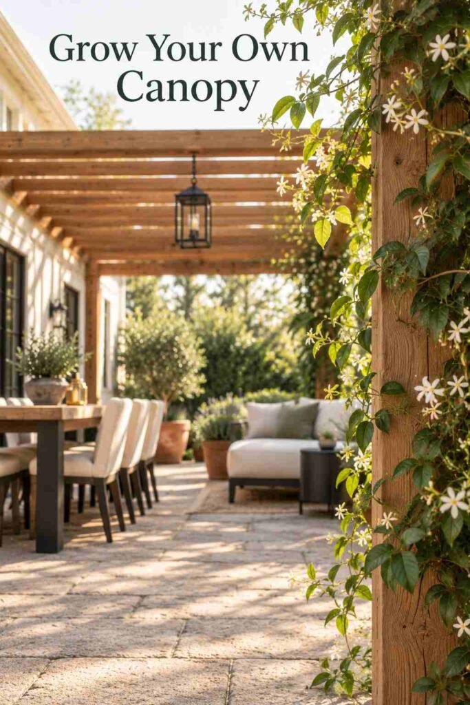 Close-up of jasmine vine with small white flowers and green leaves winding around a cedar pergola post in soft morning light.