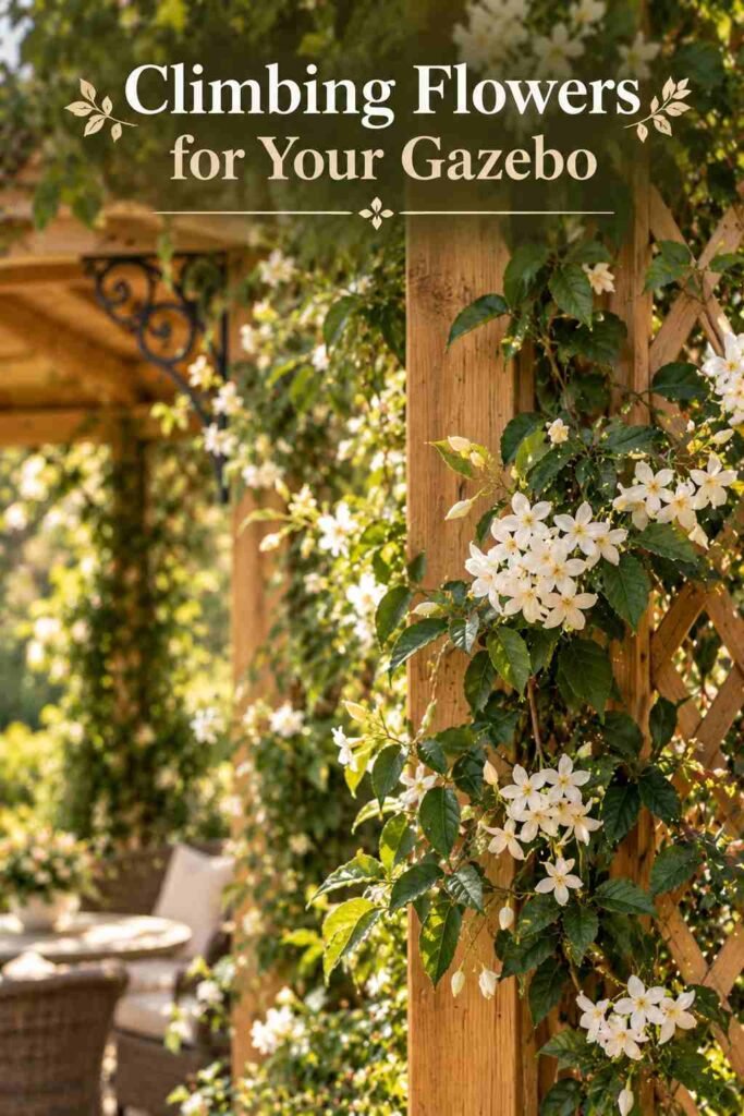 Close-up of climbing jasmine flowers growing through a wood gazebo lattice panel.