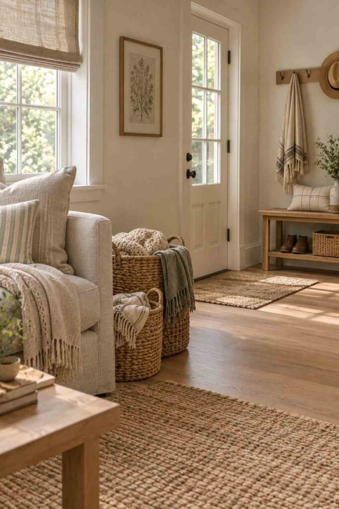 26 Scandinavian Cottage Interior Design Ideas for a Warm, Nordic, Light-Filled Home 18 Rattan baskets and a jute rug adding natural texture to a cottage living room