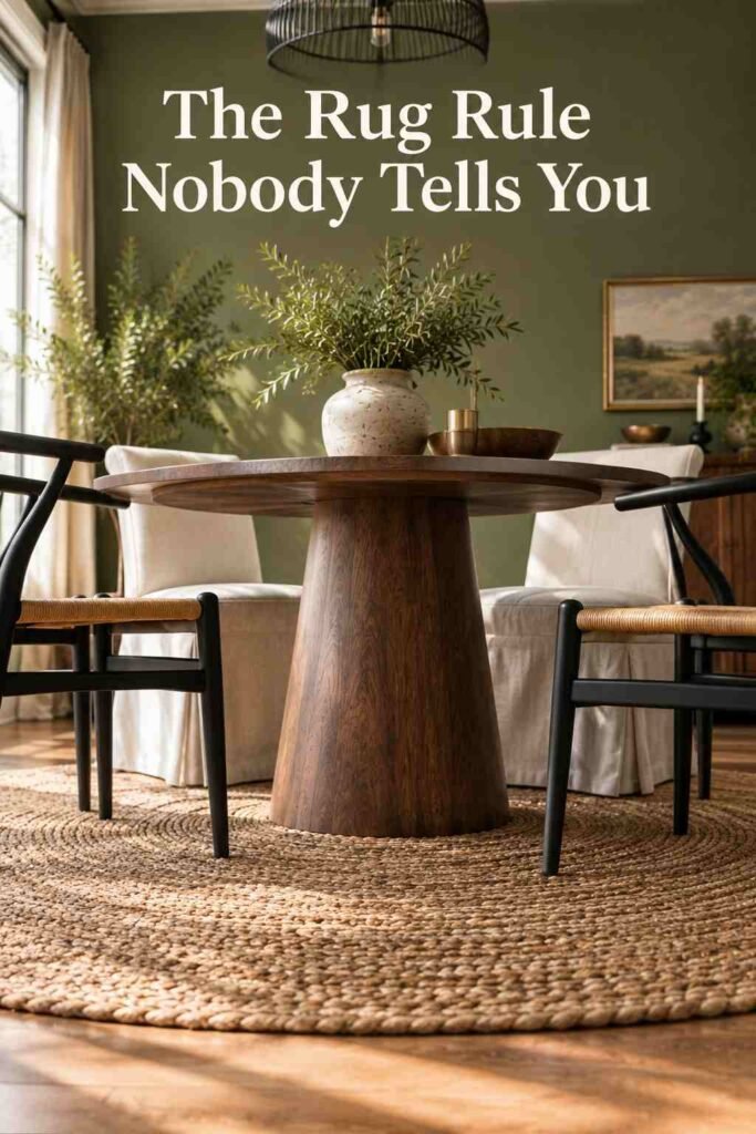 Round Dining Table Ideas to Transform Your Dining Space in 2026 6 Low-angle view of a jute rug and walnut table base in a compact dining nook.