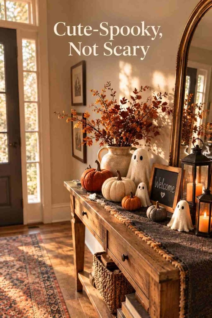 Spooky Halloween Entryway Decor Ideas for a Hauntingly Beautiful Front Entrance 6 Console table styled with soft plush pumpkins, felt ghost figures, and a chalkboard welcome sign for a kid-friendly Halloween entryway.