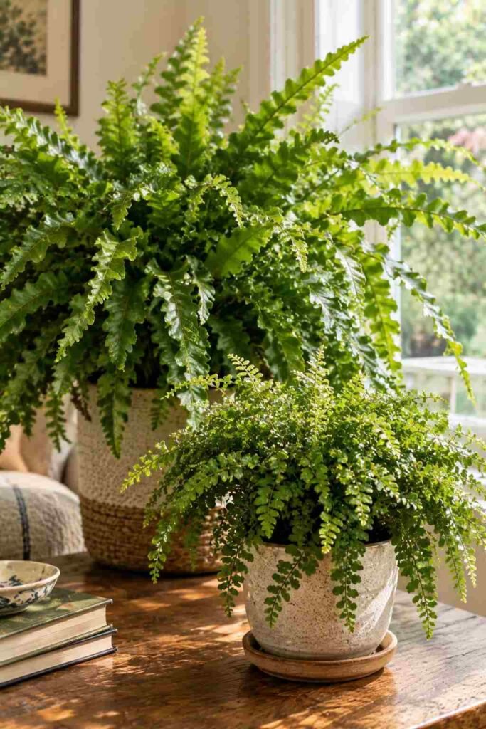 Lush Fern Sunroom Ideas to Turn Any Room Into a Living Retreat (Ideas, Plants & Care Tips) 13 Kimberly Queen fern and button fern styled together in a sunroom