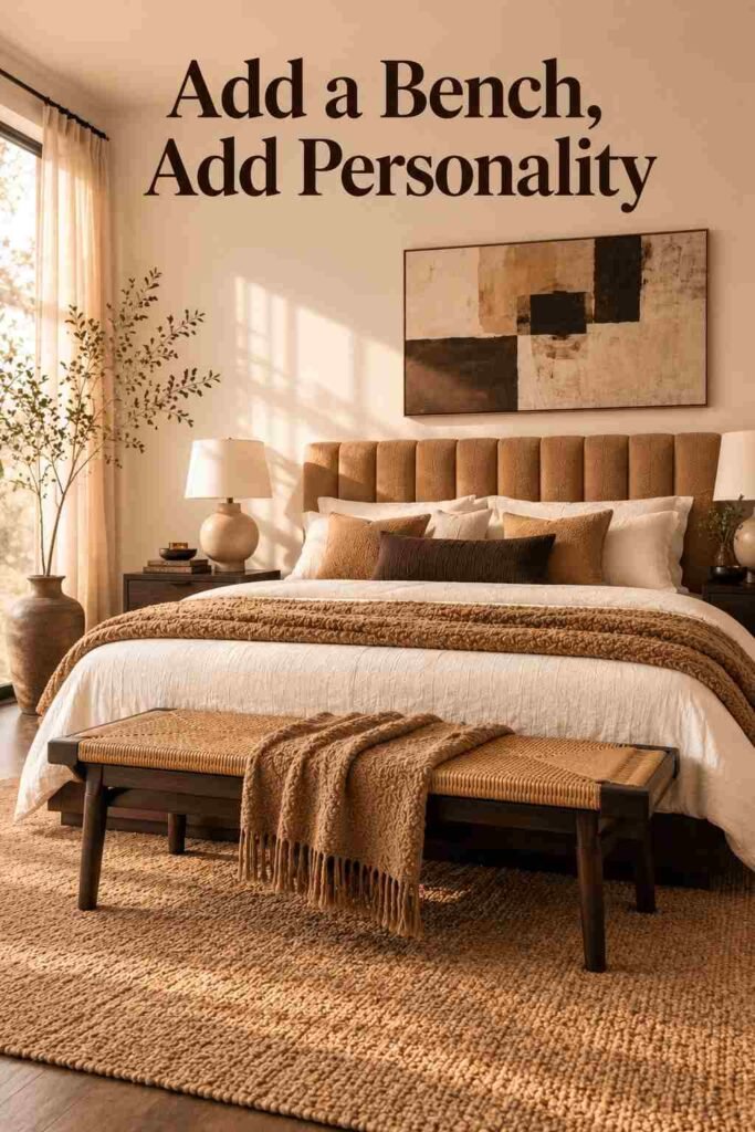 Cane bench with a folded throw at the foot of a king bed, set on a jute rug in a warm-toned bedroom.
