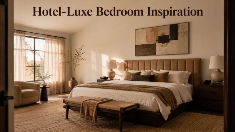 Spacious king bedroom with a camel boucle headboard, layered warm-white bedding, and oversized wall art, lit by afternoon window light.