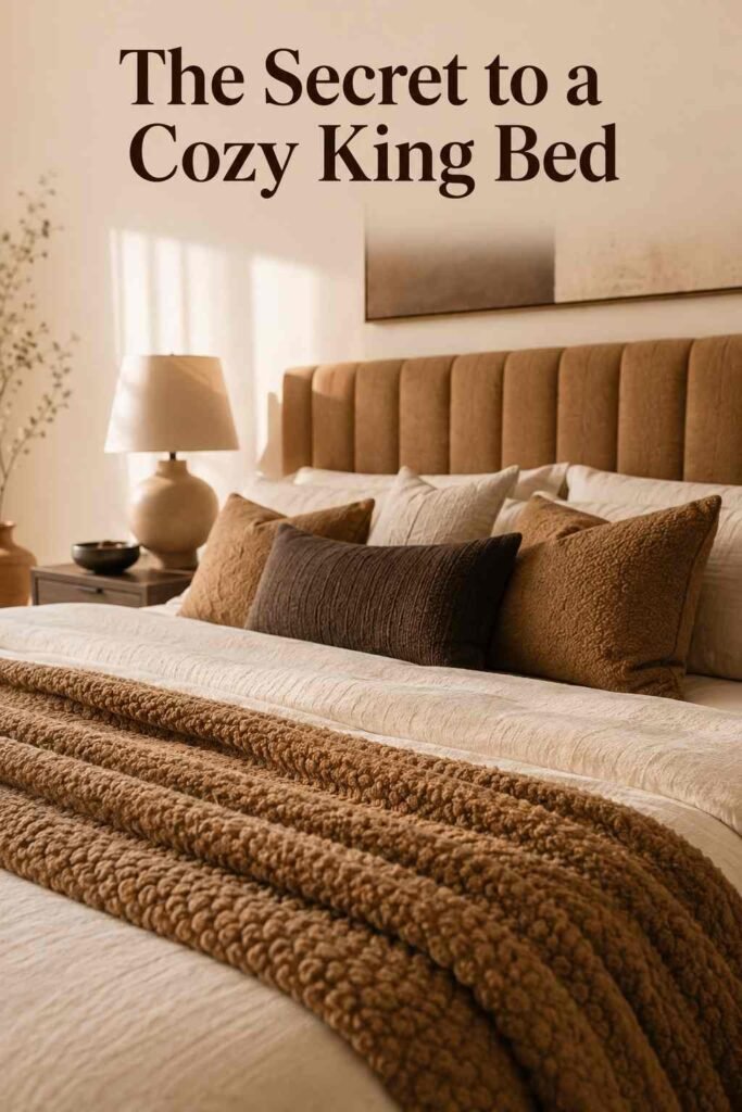 Close-up of layered king-size bedding in warm white and camel tones with a boucle throw and mixed-texture pillows.