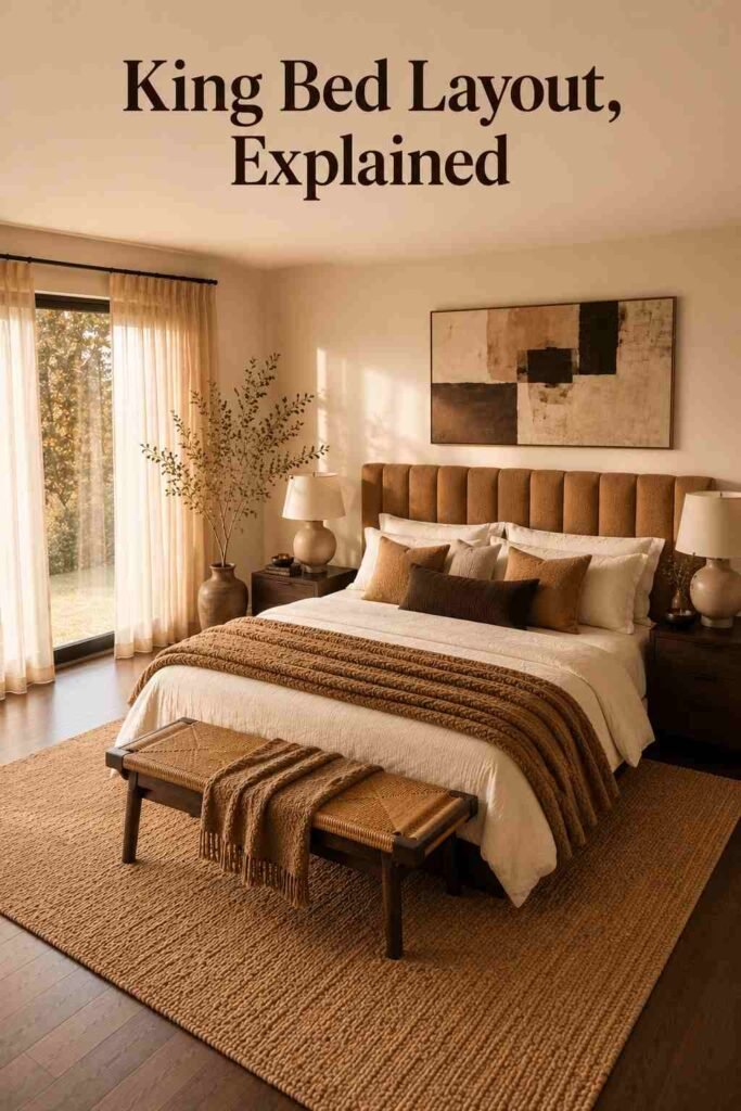 Elevated view of a king bedroom layout showing clearance space on both sides of the bed and rug placement.