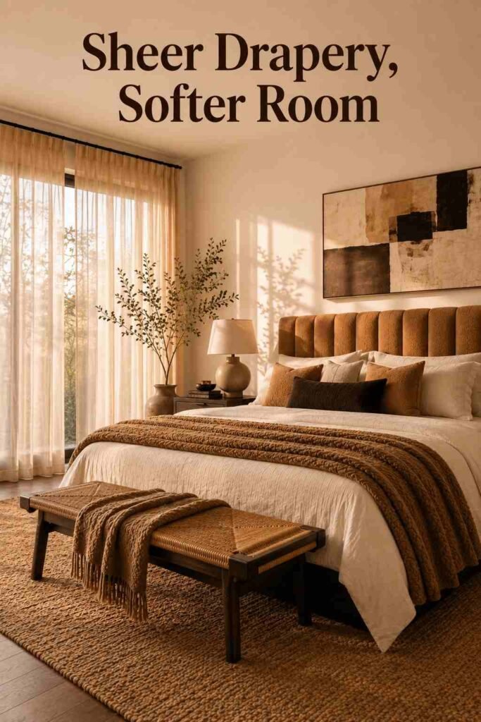 King bedroom at golden hour with sheer linen drapery filtering natural light across a warm neutral color palette.