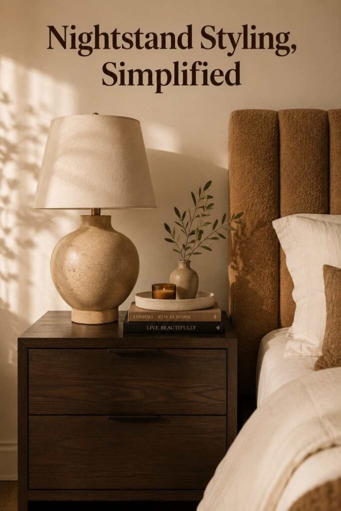 Styled espresso wood nightstand with a sculptural ceramic lamp, stacked books, and a candle tray beside a king bed.