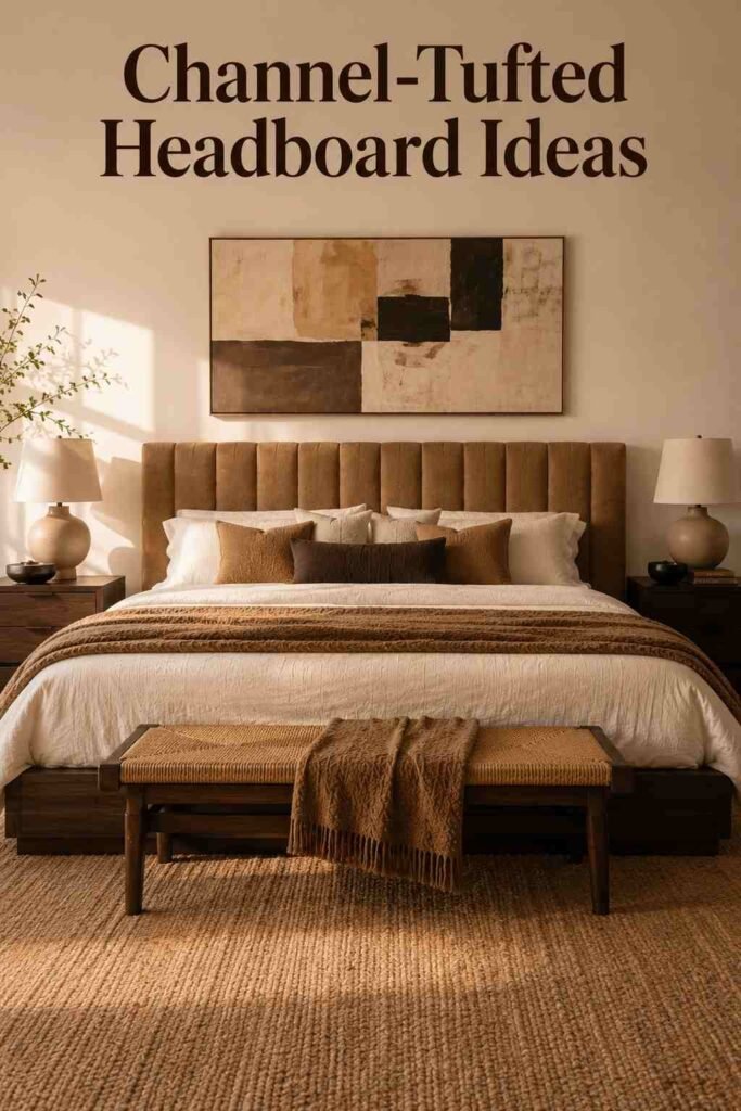 Camel boucle channel-tufted headboard behind a king bed, centered beneath an oversized abstract art piece.