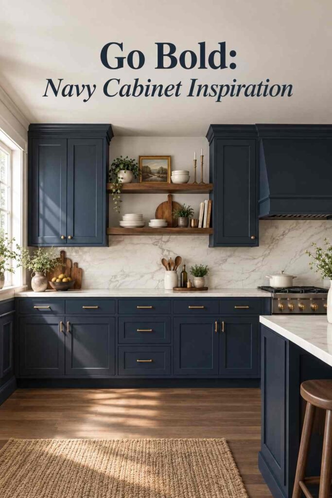 Navy blue kitchen cabinets with white marble countertops and brass hardware.