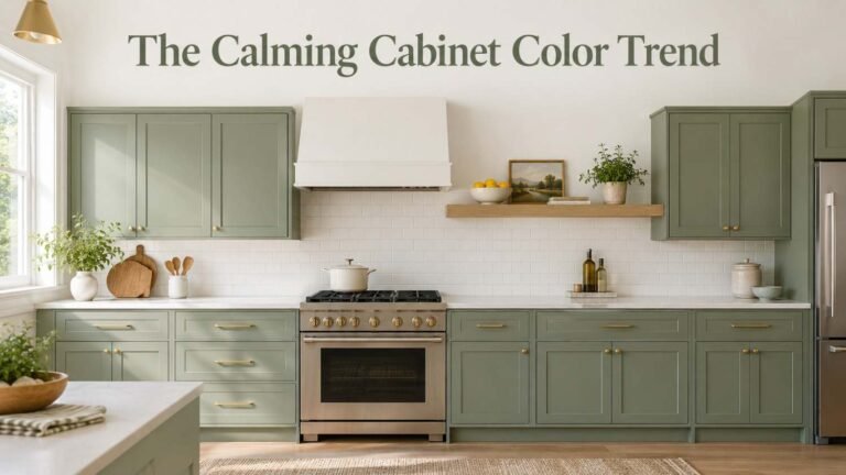 Sage green kitchen cabinets with brass hardware and a white oak open shelf.