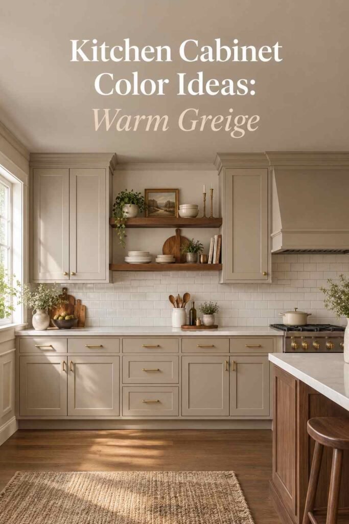 Warm greige kitchen cabinets with walnut accents and a white quartz countertop.
